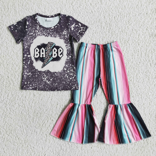 Clearance D3-13 Black Bleach Babe Pink Stripes Girls Short Sleeve Bell Bottom Pants Outfits