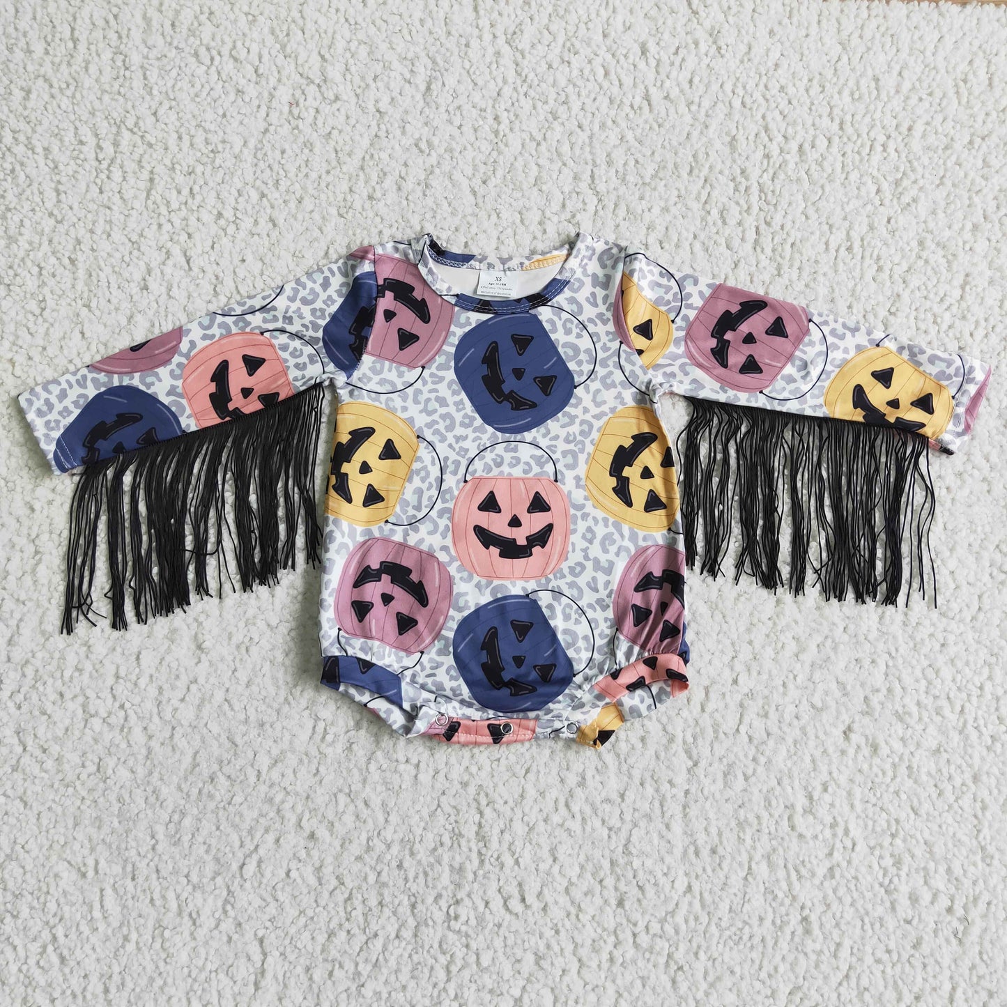 LR0048 Halloween Pumpkin Pink Leopard Tassel Girls Long Sleeve Romper