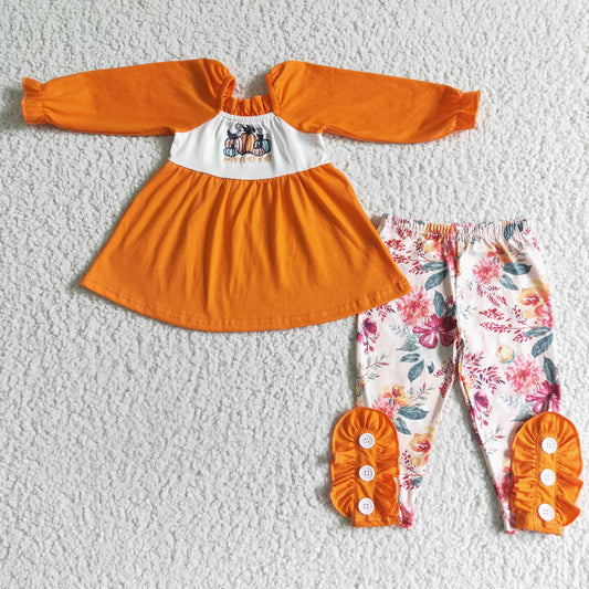 GLP0024 Halloween Pumpkin Orange Floral Tunic Girls Long Sleeve Pants Outfits