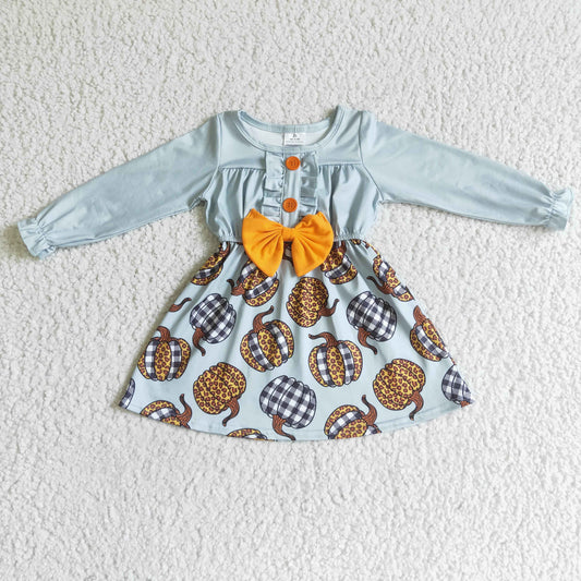 GLD0007 Halloween Leopard Pumpkin Blue Girls Long Sleeve Dresses