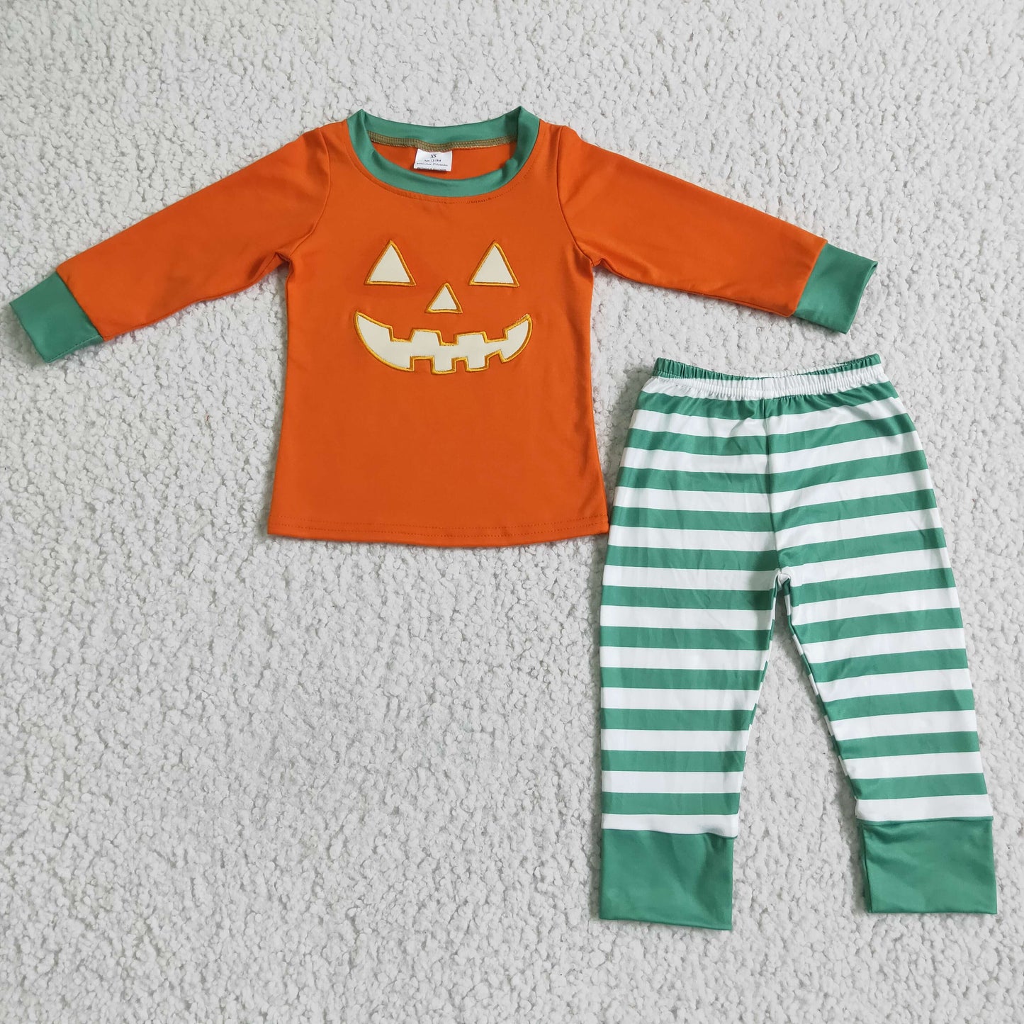 BLP0003 Halloween Pumpkin Orange Green Stripes Embroidery Boys Long Sleeve Pajamas Outfits