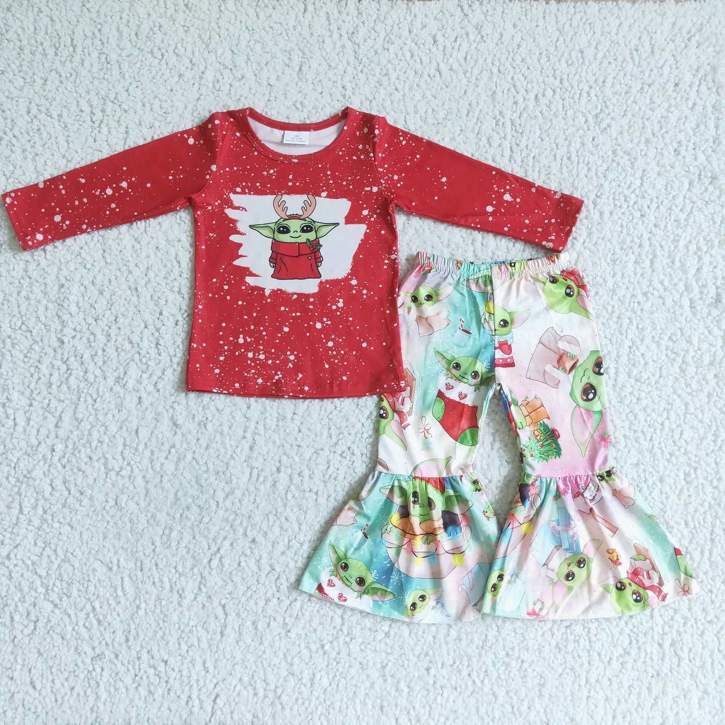 Clearance 6 A33-27 Christmas Strong Cuteness Green Red Cartoon Girls Long Sleeve Bell Bottom Pants Outfits