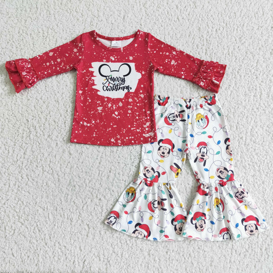 Clearance 6 C11-4 Merry Christmas Red Bleach Cartoon Girls Short Sleeve Bell Bottom Pants Outfits