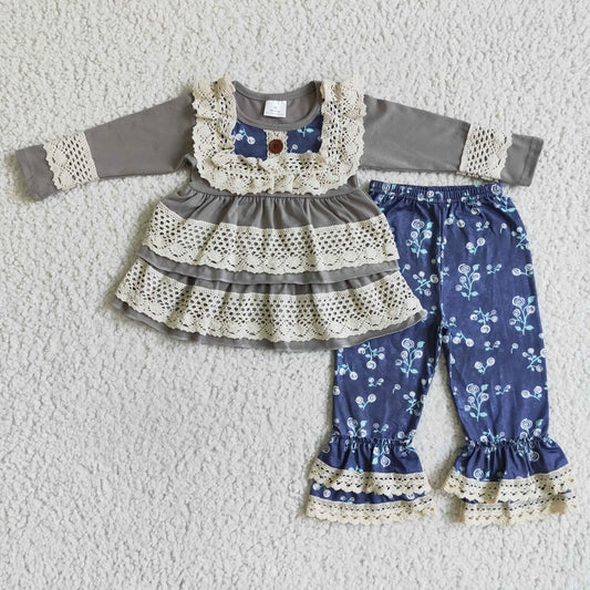 Clearance 6 A28-2 Grey Lace Blue Floral Print Ruffles Tunic Girls Long Sleeve Pants Outfits