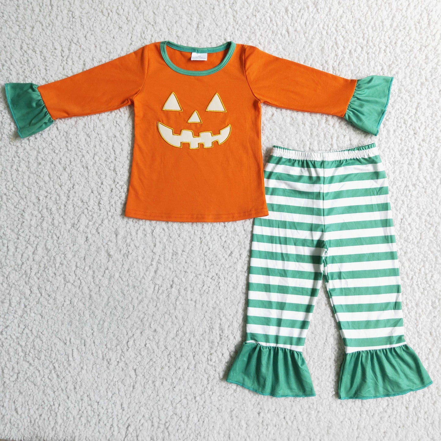 GLP0020 Halloween Pumpkin Orange Green Stripes Embroidery Girls Long Sleeve Pajamas Outfits