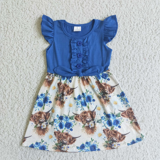 GSD0124 Blue Yellow Highland Cow Floral Girls Flutter Sleeve Dresses