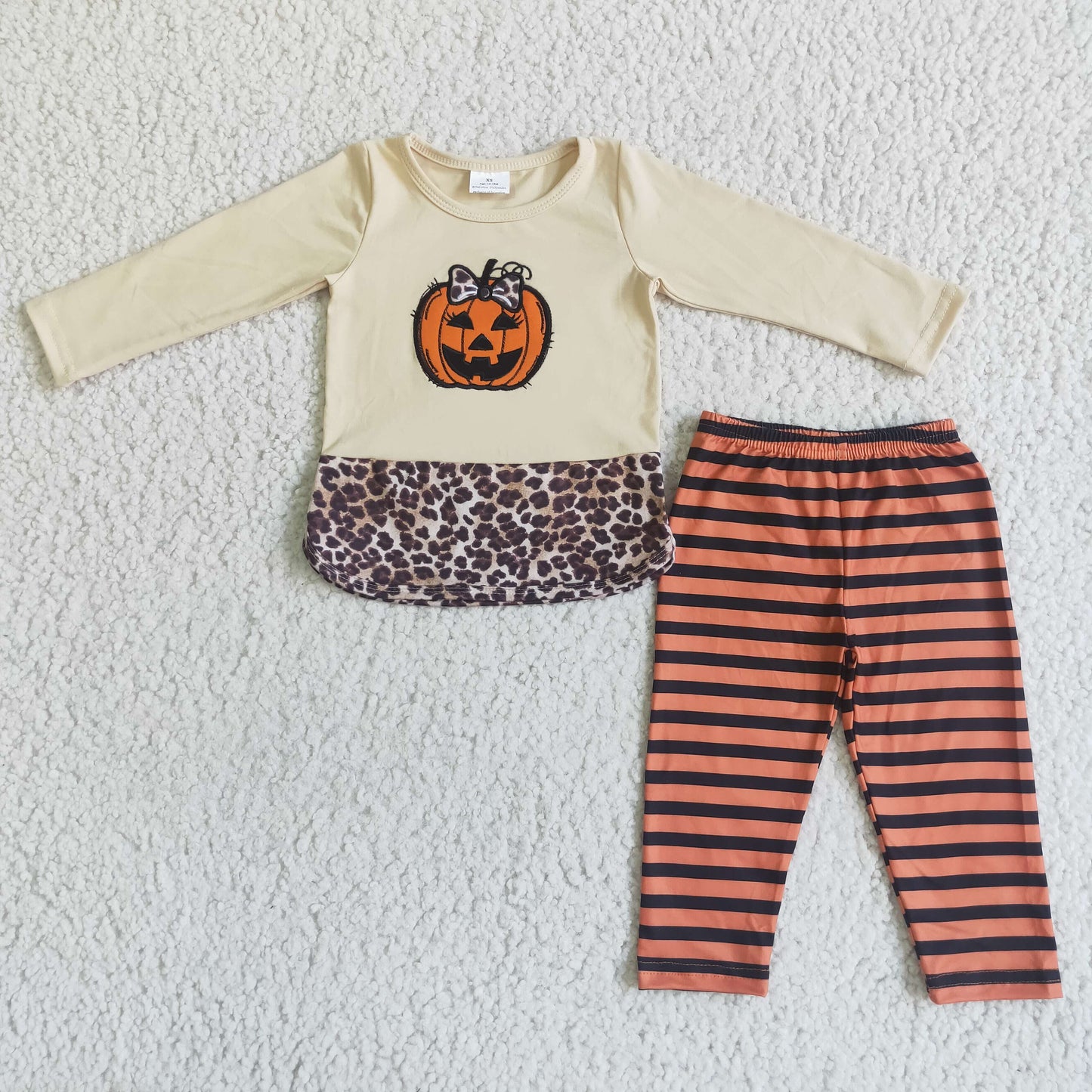 GLP0043 Halloween Pumpkin Leopard Orange Stripes Girls Long Sleeve Pants Outfits