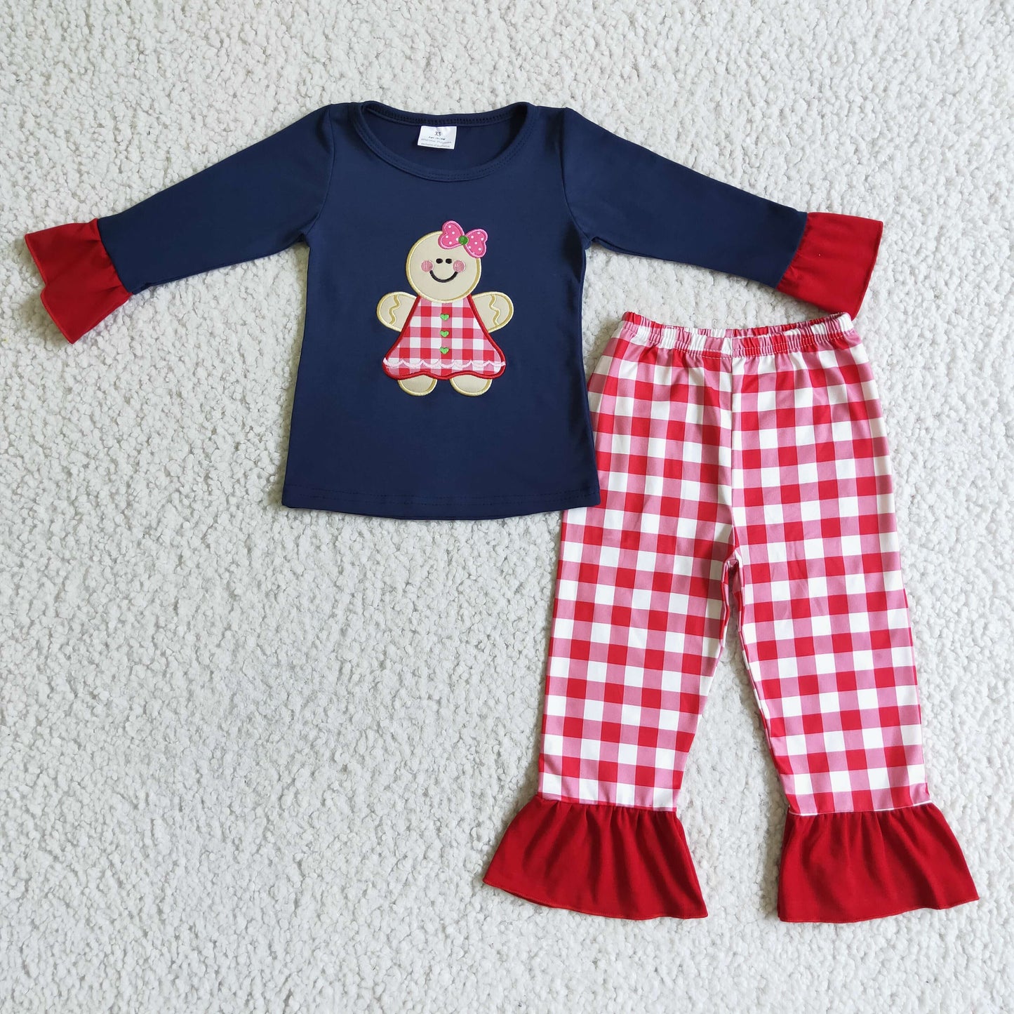 GLP0034 Christmas Blue Red Plaid Gingerbread Cartoon Embroidery Girls Long Sleeve Pajamas Outfits