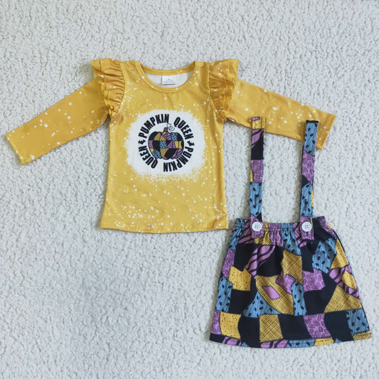 GLD0028 Halloween Pumpkin Yellow Purple Girls Long Sleeve With Skirt Overall Dresses Outfits