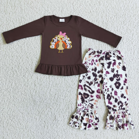 GLP0059 Thanksgiving Turkey Leopard Brown Embroidery Girls Long Sleeve Bell Bottom Pants Outfits