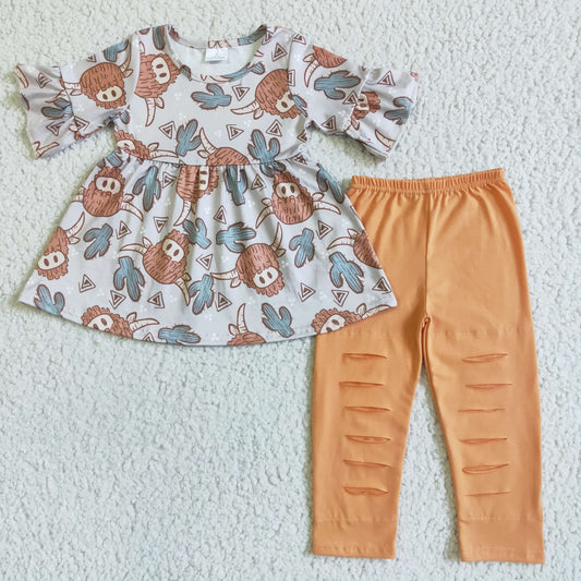 GSPO0095 Orange Highland Cow Cactus Cartoon Ruffles Tunic Girls Short Sleeve Pants Outfits