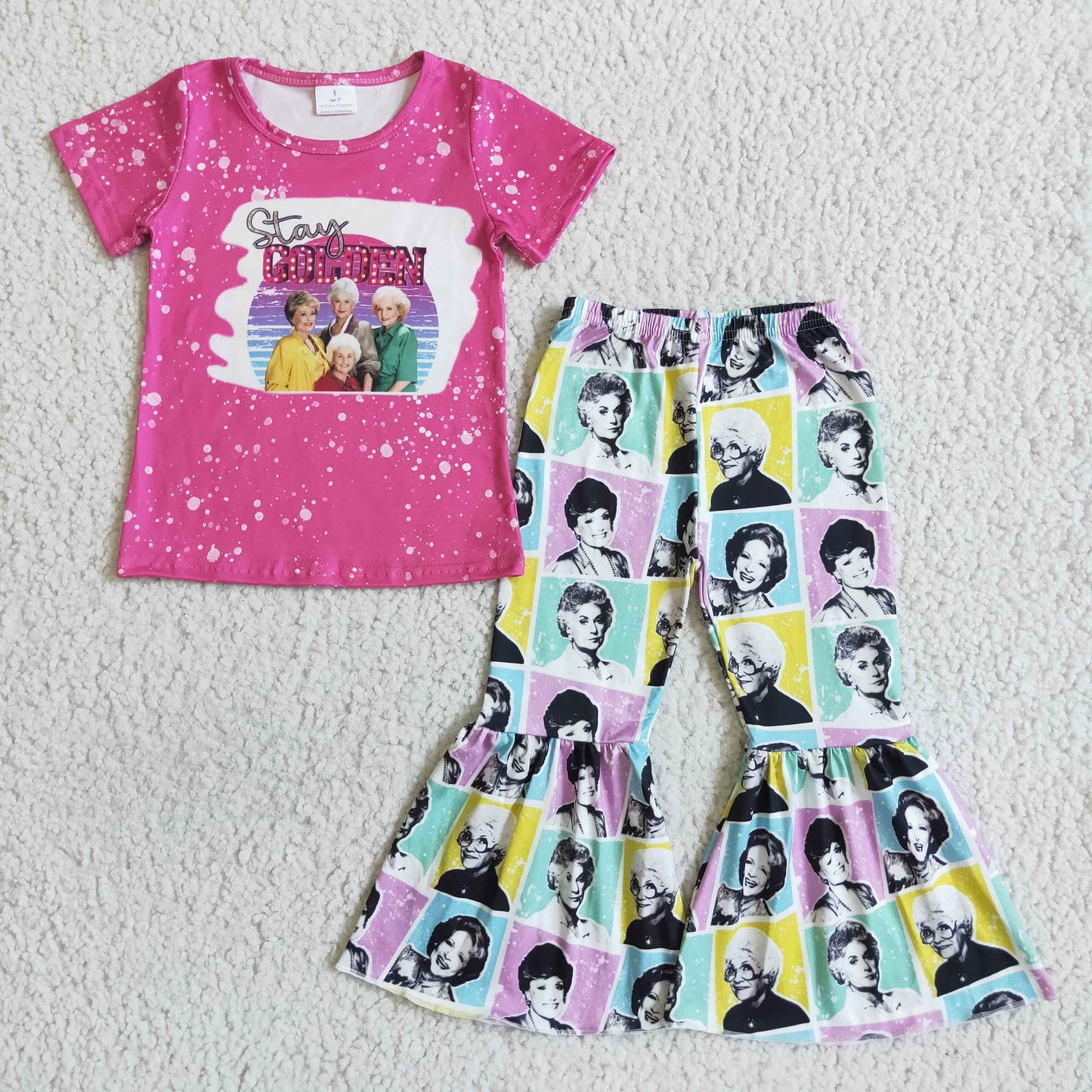 E4-13 Hot Pink Character Cartoon Stay Golden Girls Short Sleeve Bell Bottom Pants Outfits