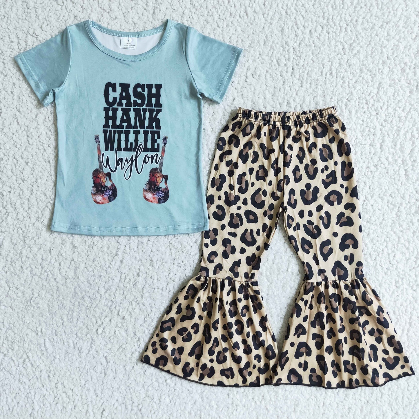 Clearance D9-13 Guitar Blue Leopard Print Singer Girls Short Sleeve Bell Bottom Pants Outfits