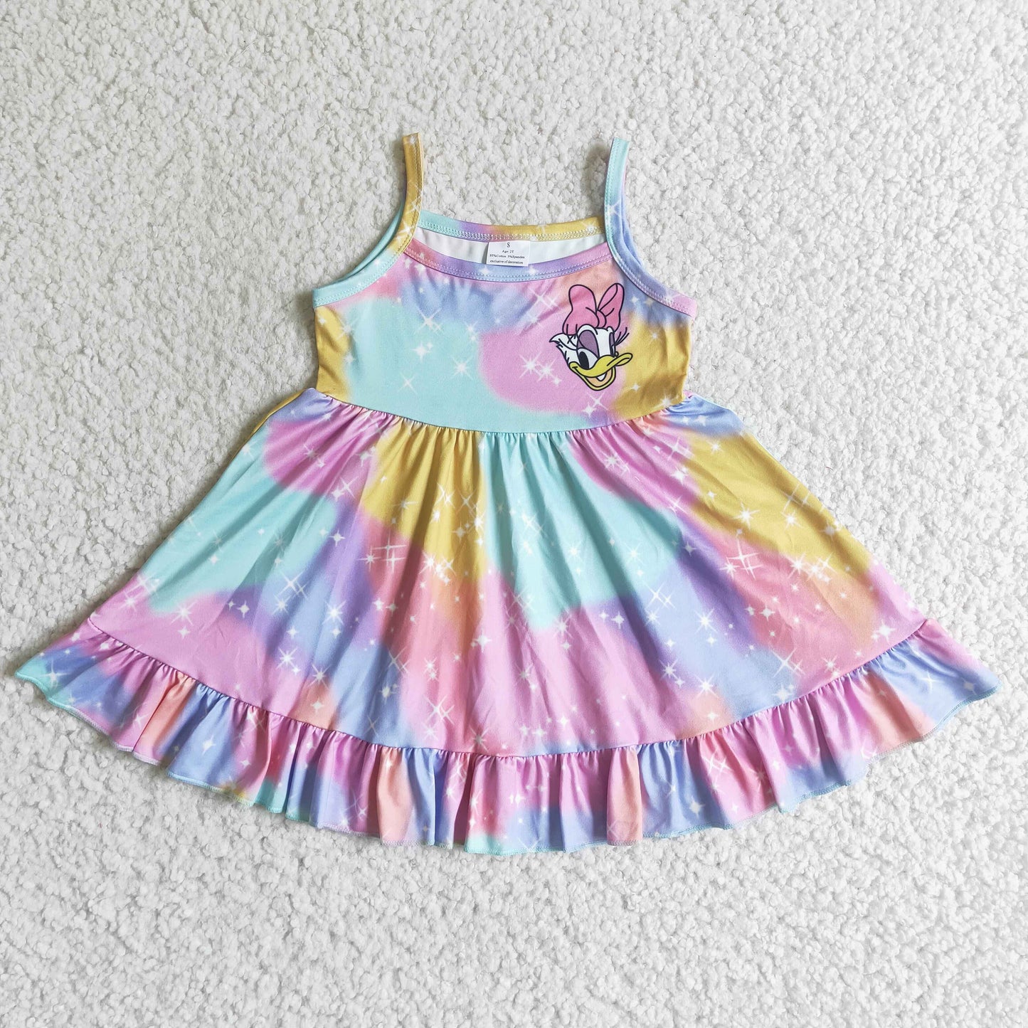 GSD0126 Pink Blue Tie Dye Duck Cartoon Girls Sleeveless Dresses