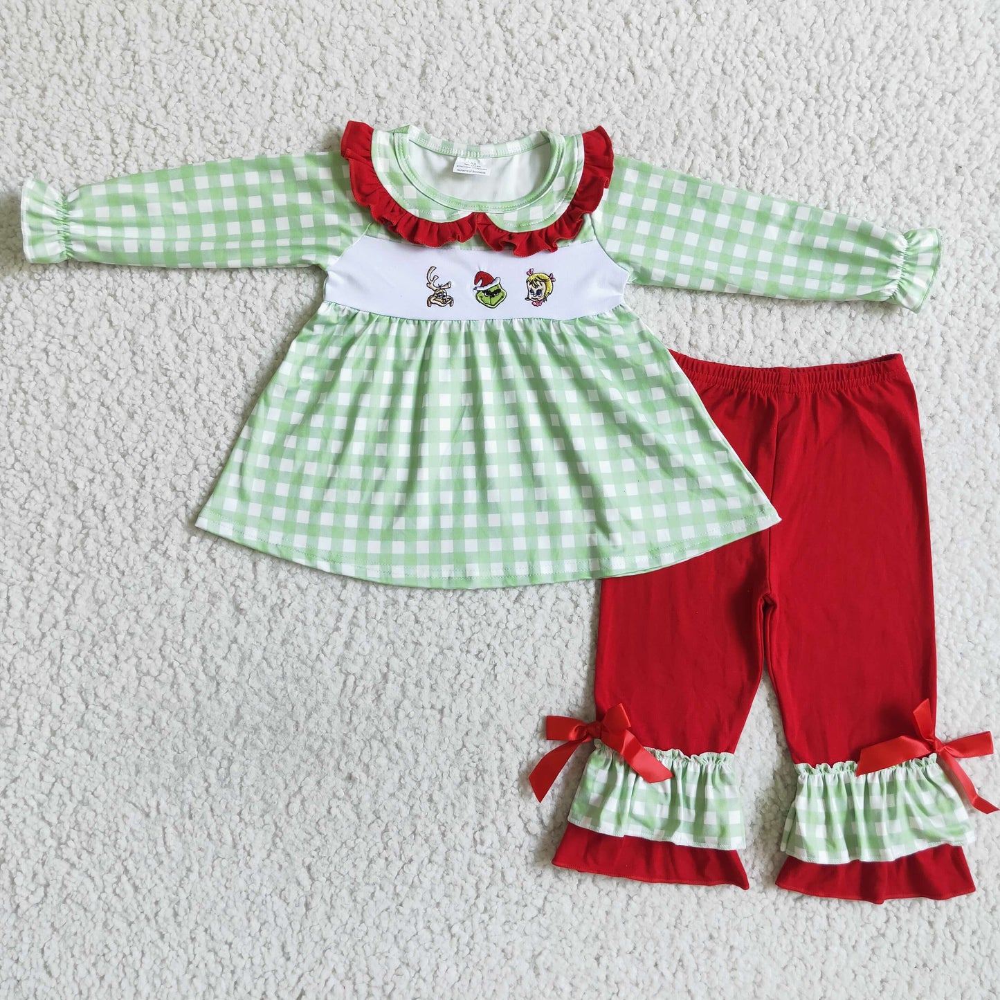 GLP0033 Christmas Green Red Cartoon Tunic Girls Long Sleeve Pants Outfits