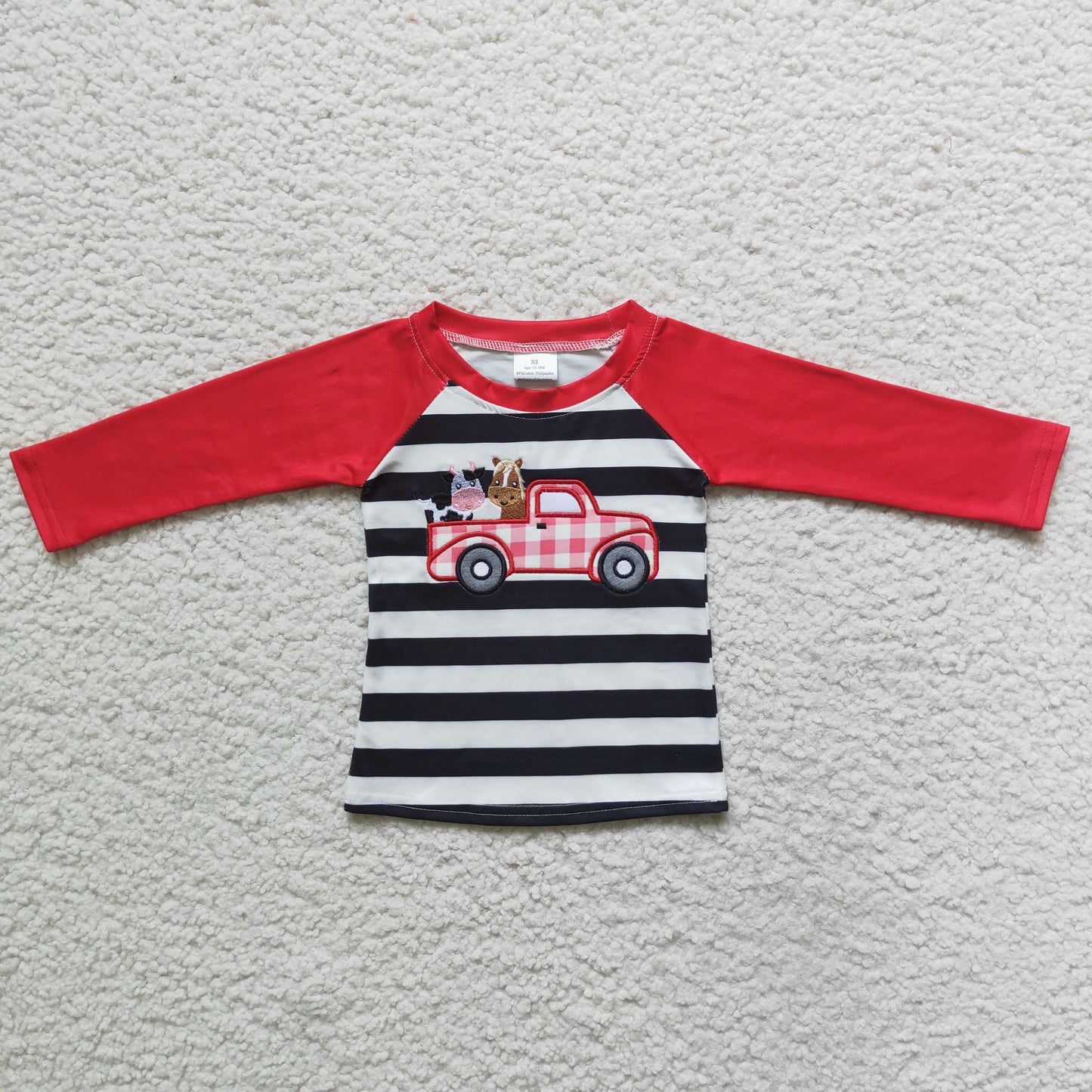 BT0023 Farm Life Cow Car Red Black Stripes Embroidery Boys Long Sleeve Top T-shirts