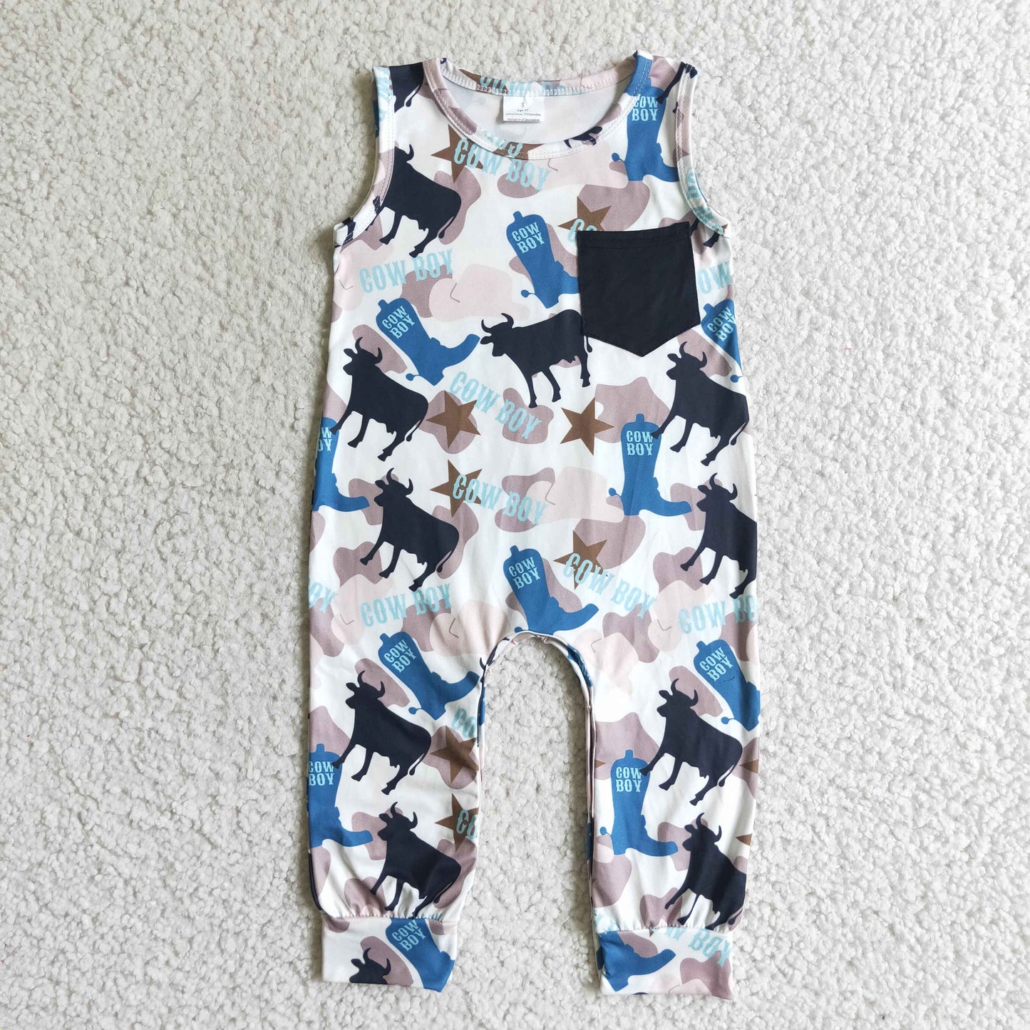 SR0072 Blue Cowboy Boots Pocket Boys Sleeveless Romper