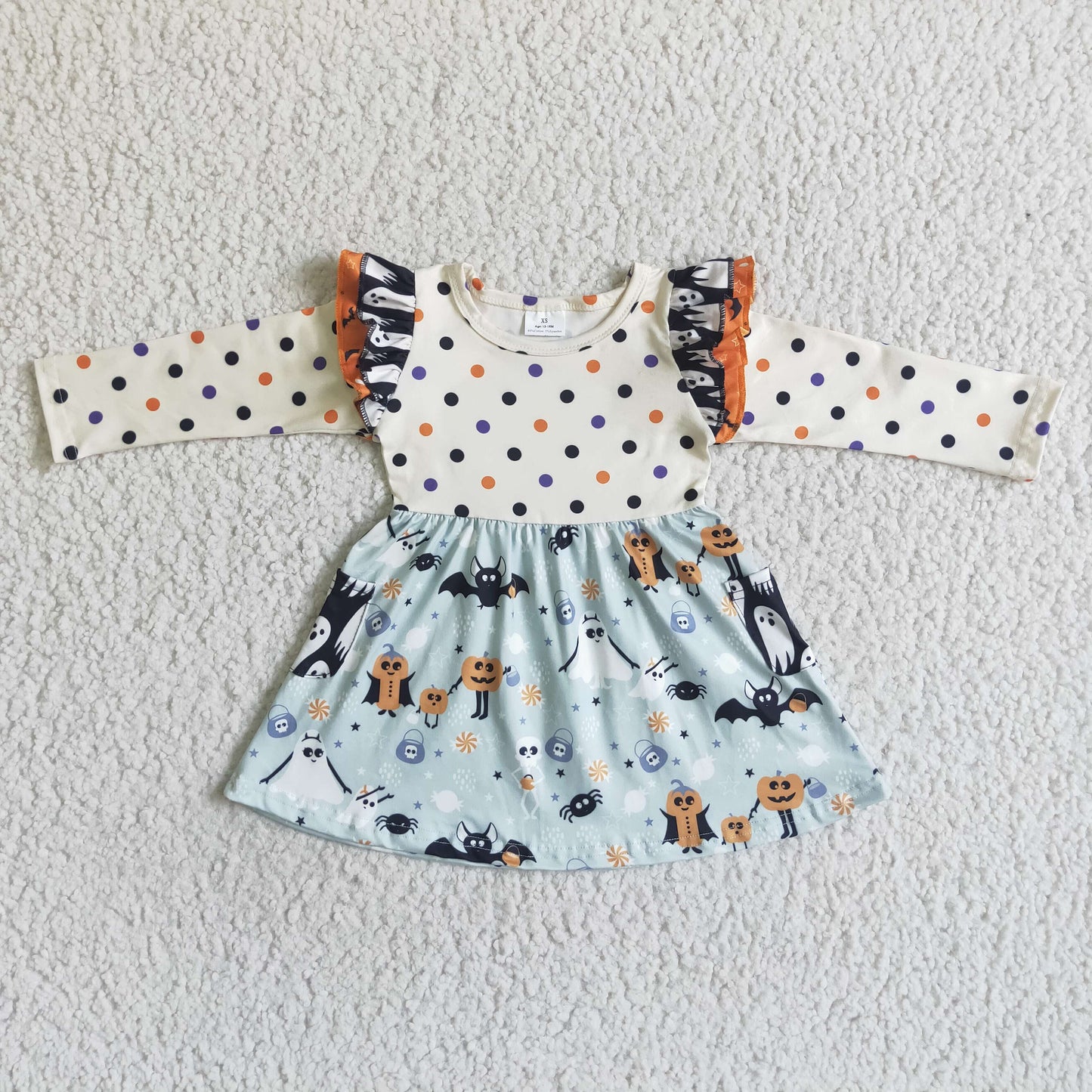 GLD0022 Halloween Pumpkin Blue Ghost Cartoon Bat Dots Girls Long Sleeve Dresses