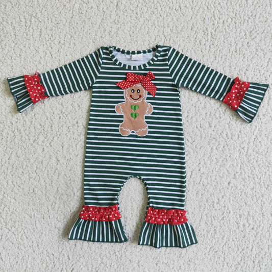 6 C10-6 Christmas Green Red Gingerbread Cartoon Embroidery Girls Long Sleeve Romper