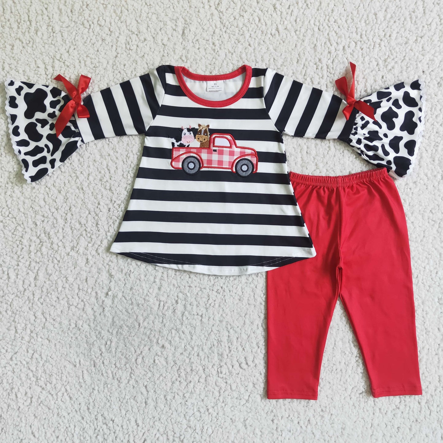 GLP0031 Farm Life Cow Car Red Black Stripes Embroidery Tunic Girls Long Sleeve Pants Outfits