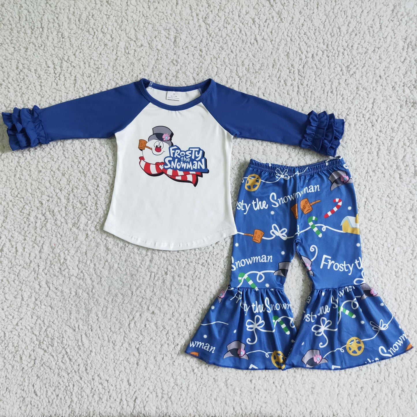 Clearance 6 A22-4 Winter Snowman Blue Cartoon Girls Long Sleeve Bell Bottom Pants Outfits