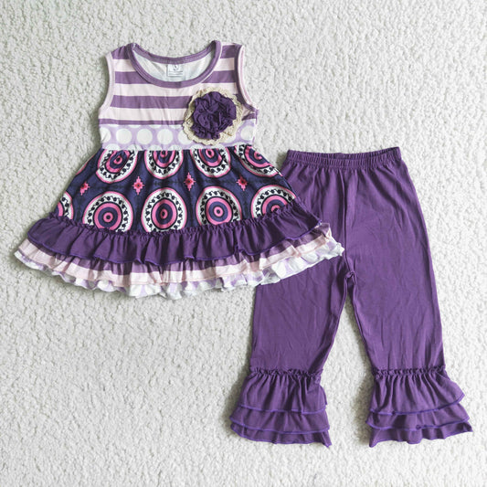 C2-5 Purple Floral Ruffles Tunic Girls Short Sleeve Bell Bottom Pants Outfits