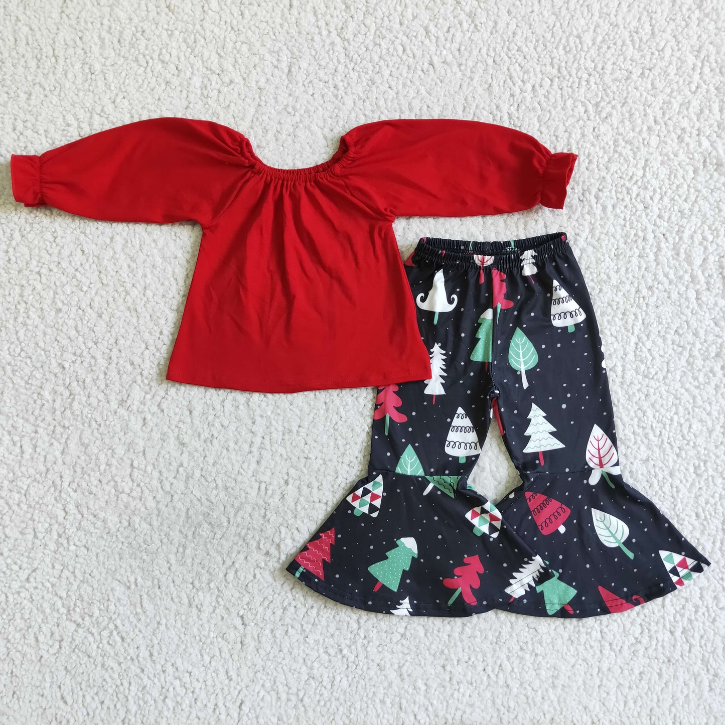 Clearance 6 A24-5  Christmas Tree Red Off Shoulder Print  Girls Long Sleeve Bell Bottom Pants Outfits