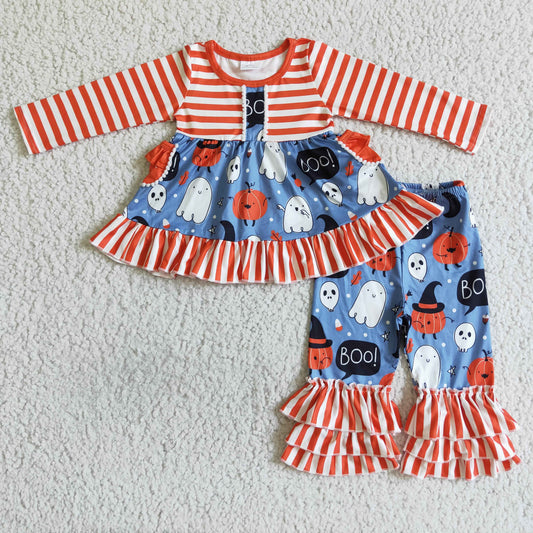 GLP0077 Halloween Pumpkin Red Stripes Blue Ghost Cartoon Pockets Ruffles Girls Long Sleeve Bell Bottom Pants Outfits