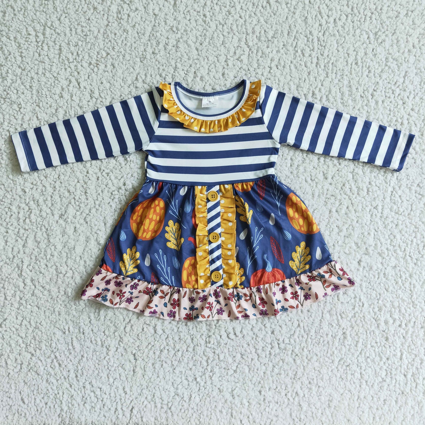 GLD0021 Halloween Pumpkin Yellow Blue Stripes Ruffles Girls Long Sleeve Dresses