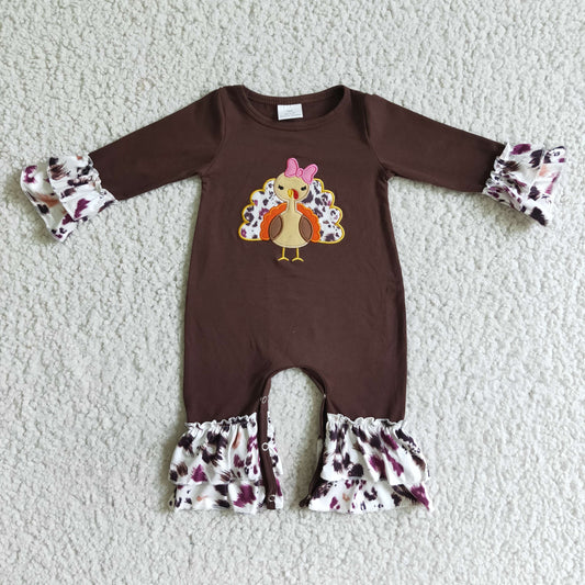 LR0038 Thanksgiving Turkey Leopard Brown Embroidery Girls Long Sleeve Romper