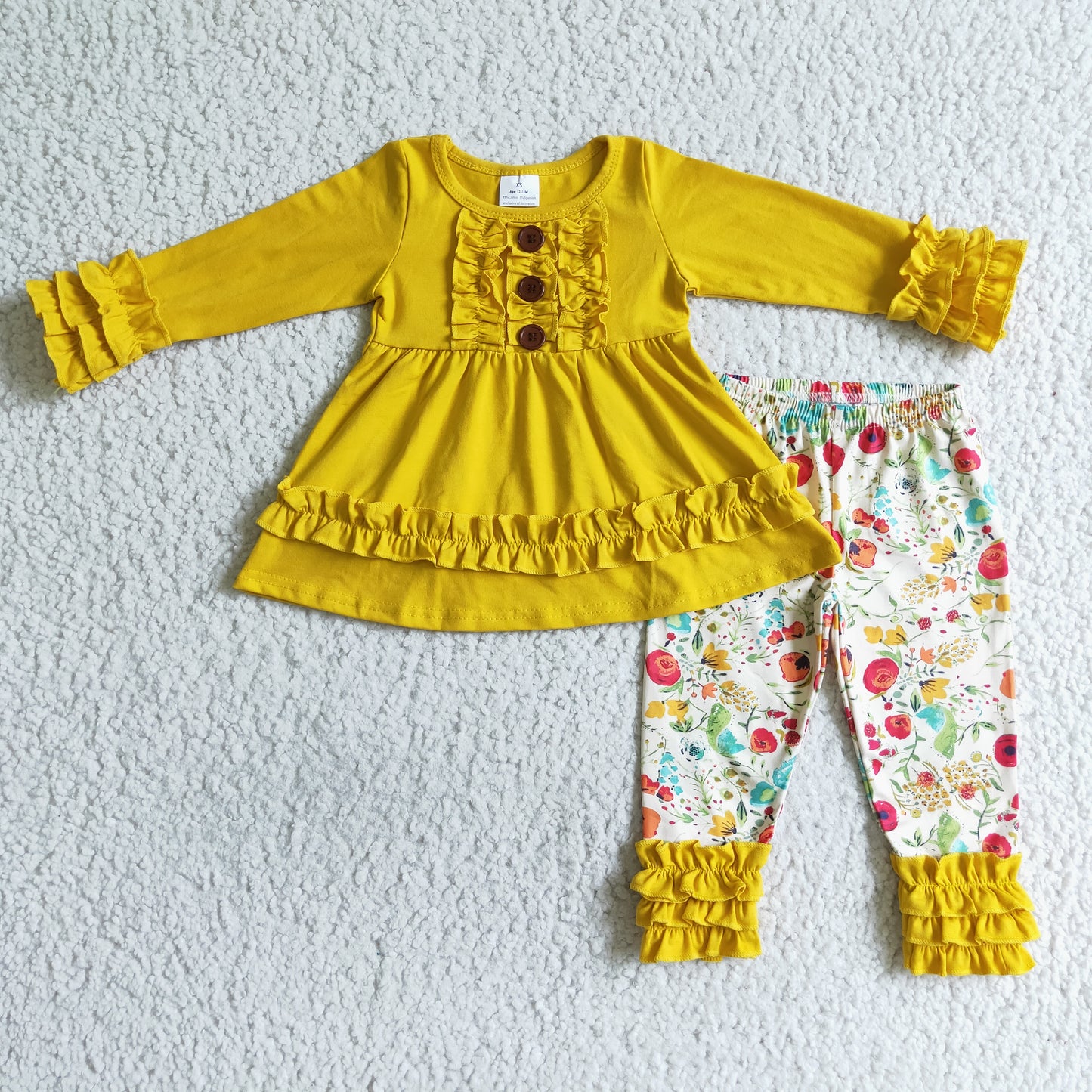 Clearance 6 A24-1 Yellow Floral Ruffles Tunic Girls Long Sleeve Pants Outfits