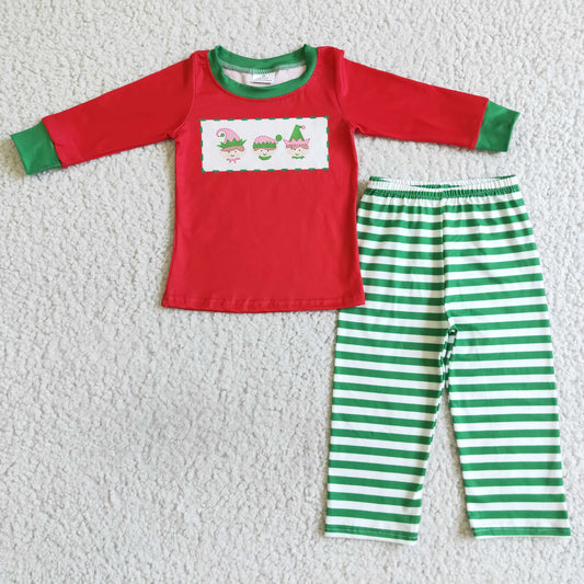 BLP0011 Christmas Red Green Stripes Cartoon Boys Long Sleeve Pants Outfits