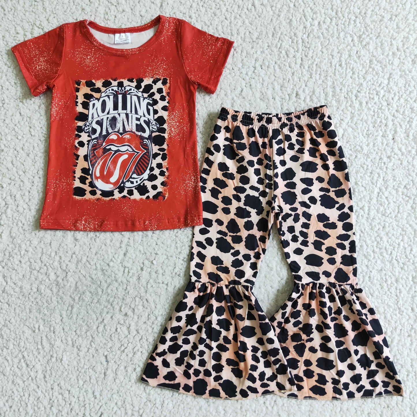 Clearance B0-1 Leopard Red Mouth Lip Music Singer Band Cartoon Girls Short Sleeve Bell Bottom Pants Outfits