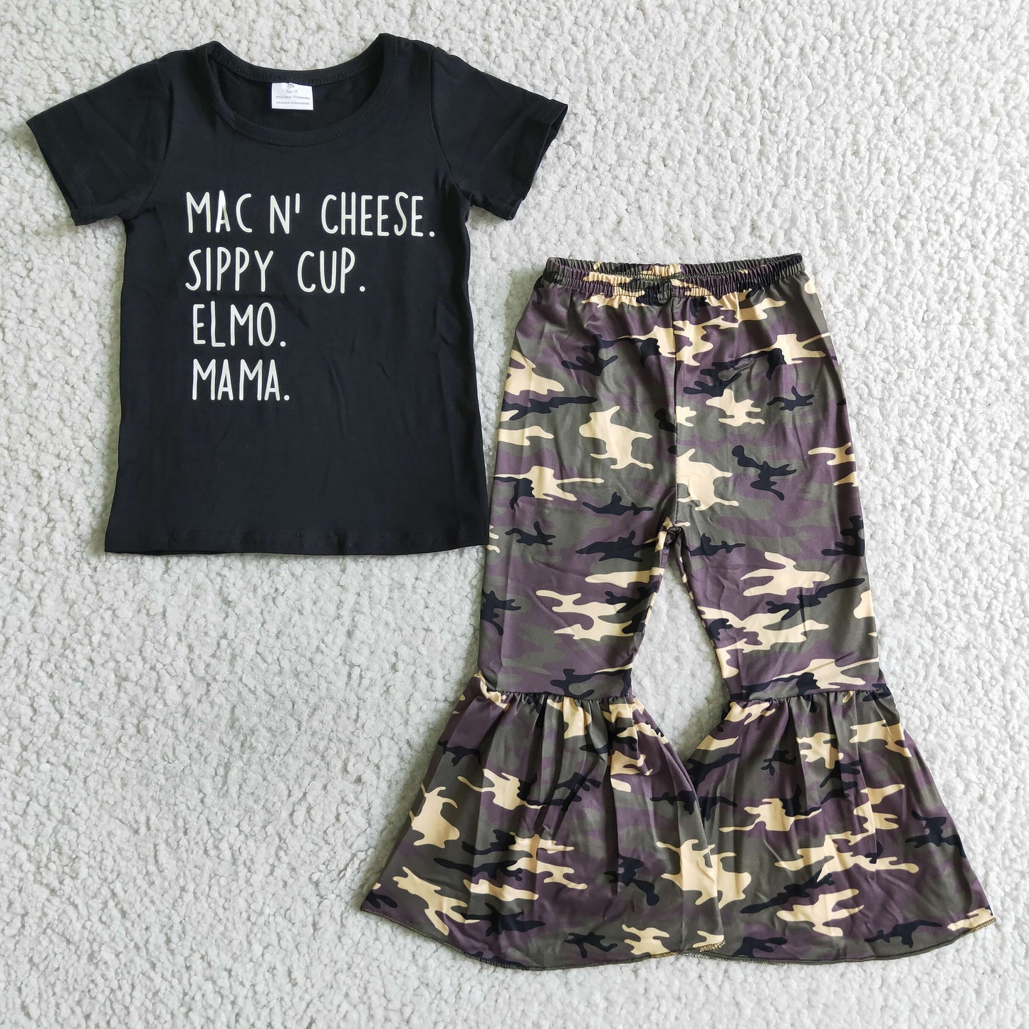 Clearance B4-4 Black Mama Letter Camo Print Girls Shorts Sleeve Bell Bottom Pants Outfits