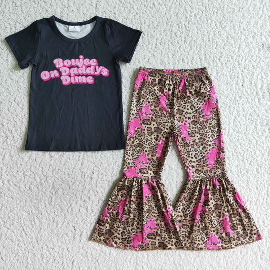 B14-16 Boujee On Daddy Dime Black Pink Leopard Letter Girls Short Sleeve Bell Bottom Pants Outfits