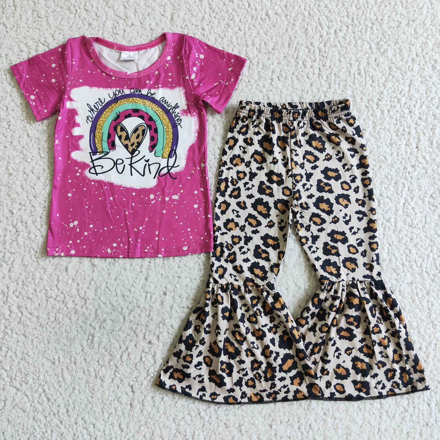 Clearance B15-23 Be Kind Hot Pink Leopard Girls Short Sleeve Bell Bottom Pants Outfits