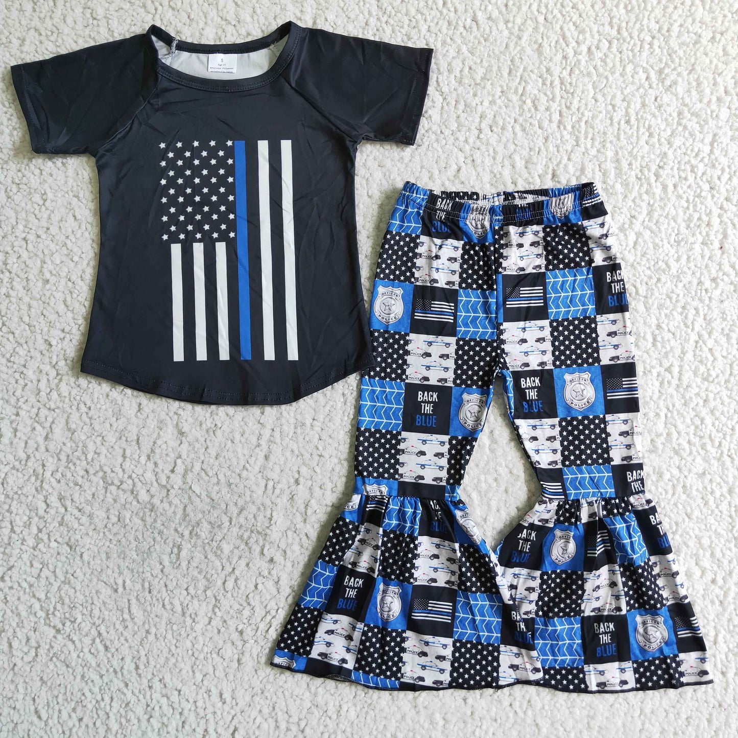 Clearance A13-4 Blue Black Flag Girls Short Sleeve Bell Bottom Pants Outfits