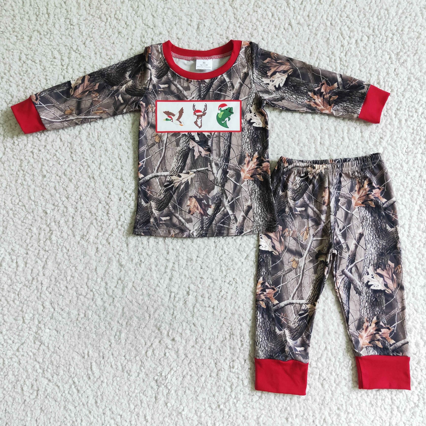 6 A9-13-1 Christmas Red Leaves Leaf Camo Boys Long Sleeve Pajamas