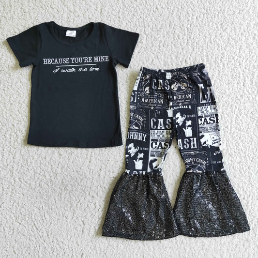 C6-13  Because You're Mine Music Singer Black Sequin Girls Short Sleeve Bell Bottom Pants Outfits