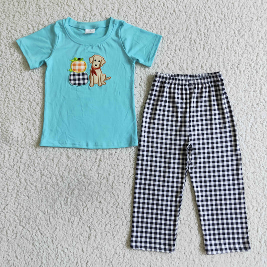 BSPO0017 Halloween Blue Pumpkin Dog Cartoon Black Plaid Embroidery Boys Short Sleeve Pants Outfits