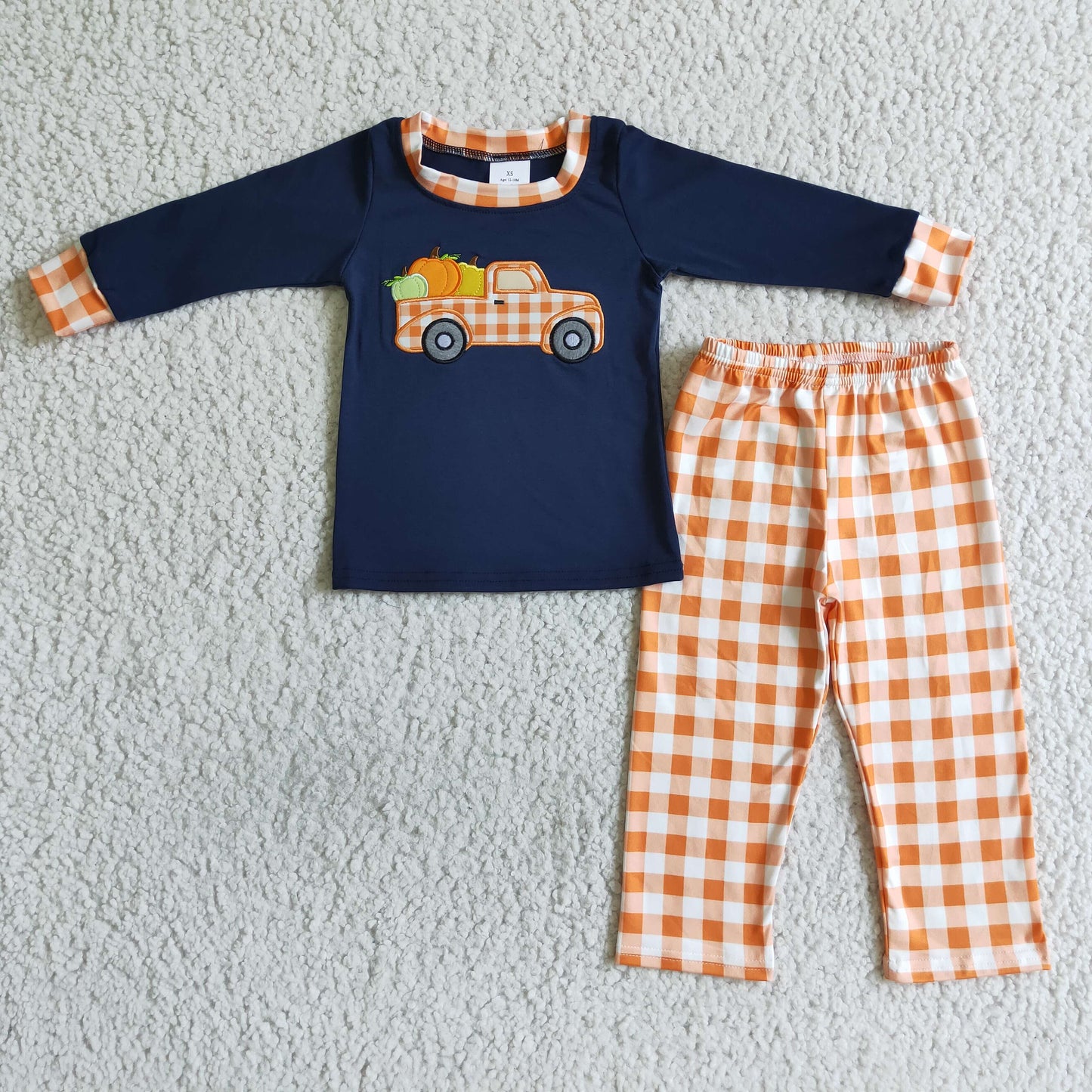 BLP0002 Halloween Pumpkin Car Orange Plaid Embroidery Boys Long Sleeve Pants Outfits