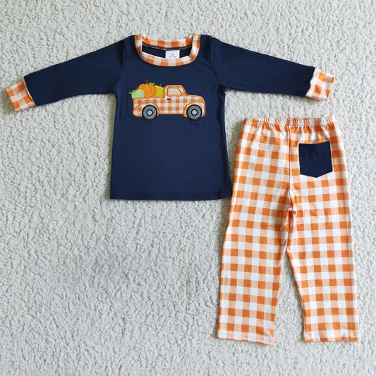 BLP0002 Halloween Pumpkin Car Orange Plaid Embroidery Boys Long Sleeve Pants Outfits