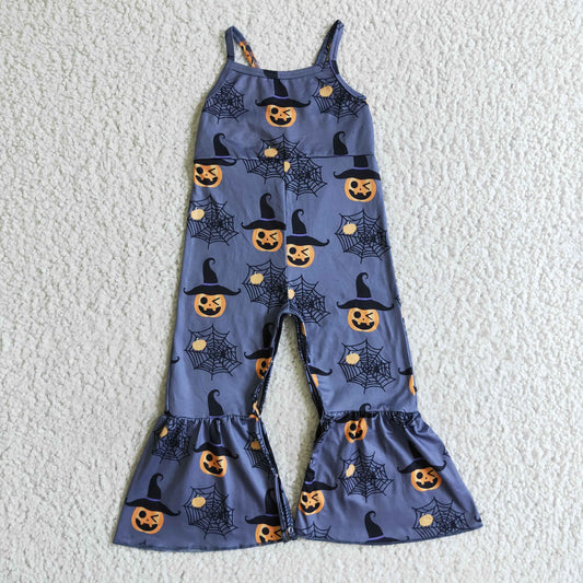 SR0066 Halloween Pumpkin Blue Girls Sleeveless Jumpsuit