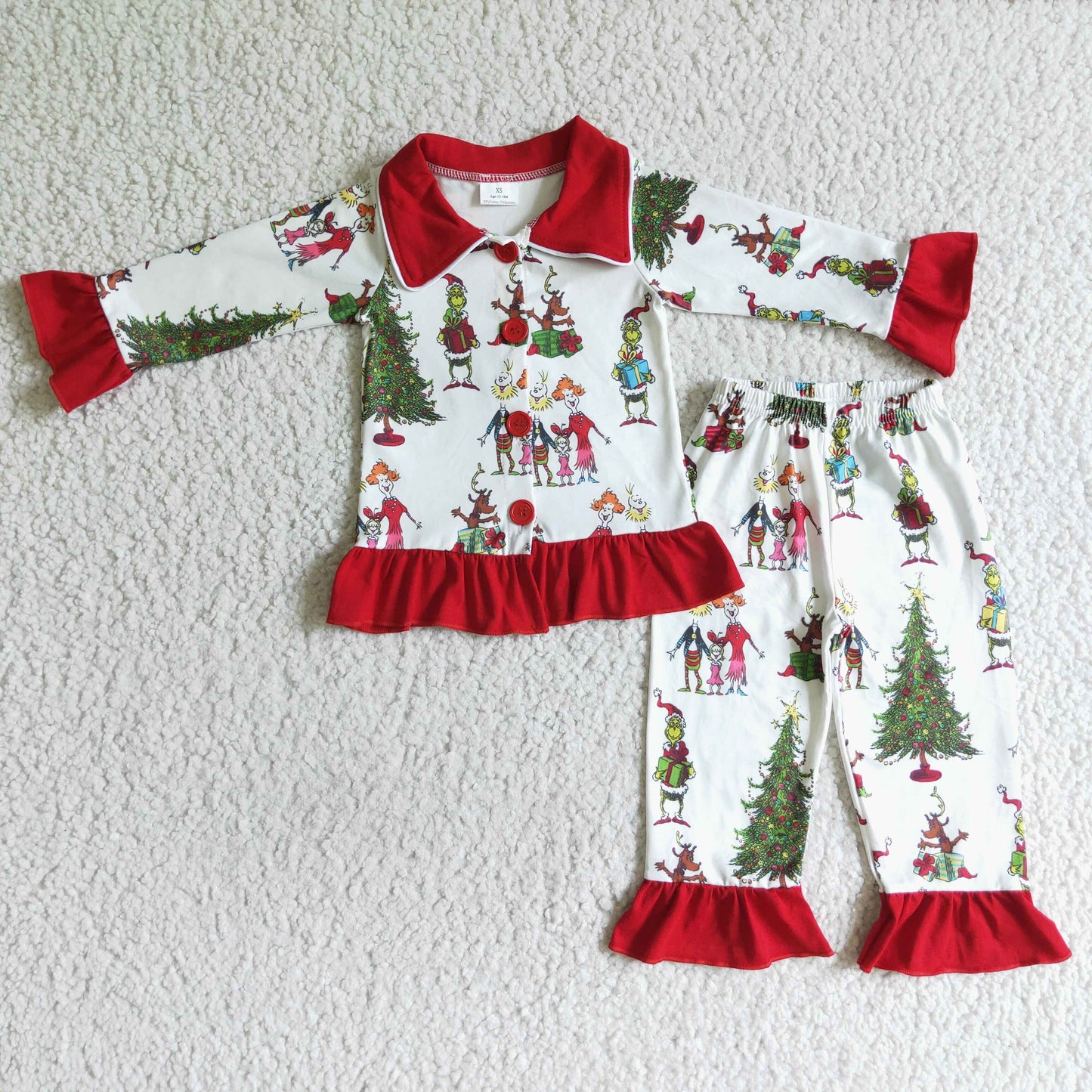 6 A11-29 Christmas Red Collar Girls Long Sleeve Pajamas