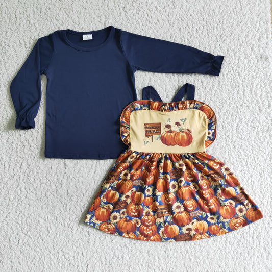 GLD0031 Halloween Pumpkin Orange Blue Girls Long Sleeve Top With Skirt Overall Dresses Outfits