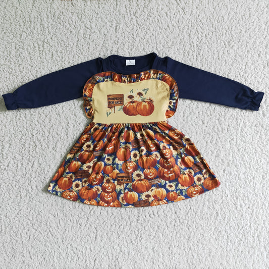 GLD0031 Halloween Pumpkin Orange Blue Girls Long Sleeve Top With Skirt Overall Dresses Outfits