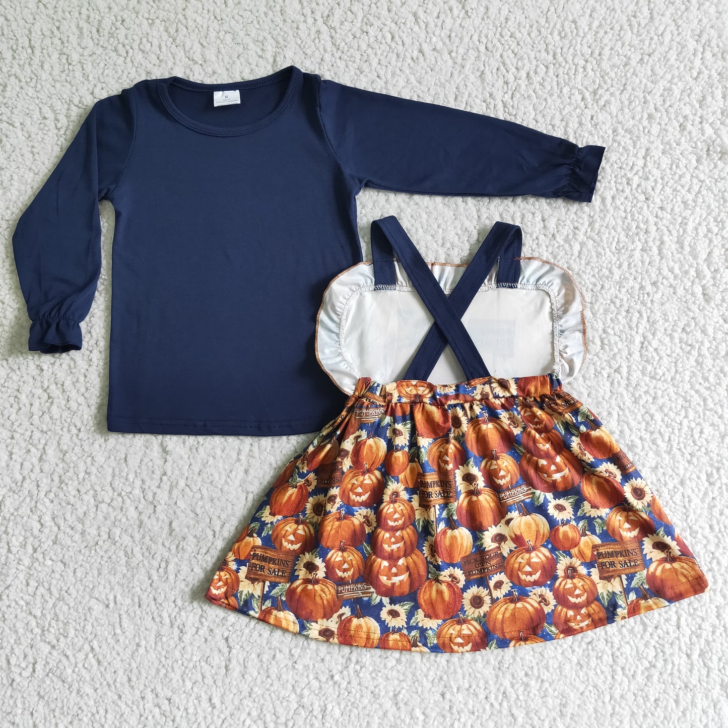 GLD0031 Halloween Pumpkin Orange Blue Girls Long Sleeve Top With Skirt Overall Dresses Outfits