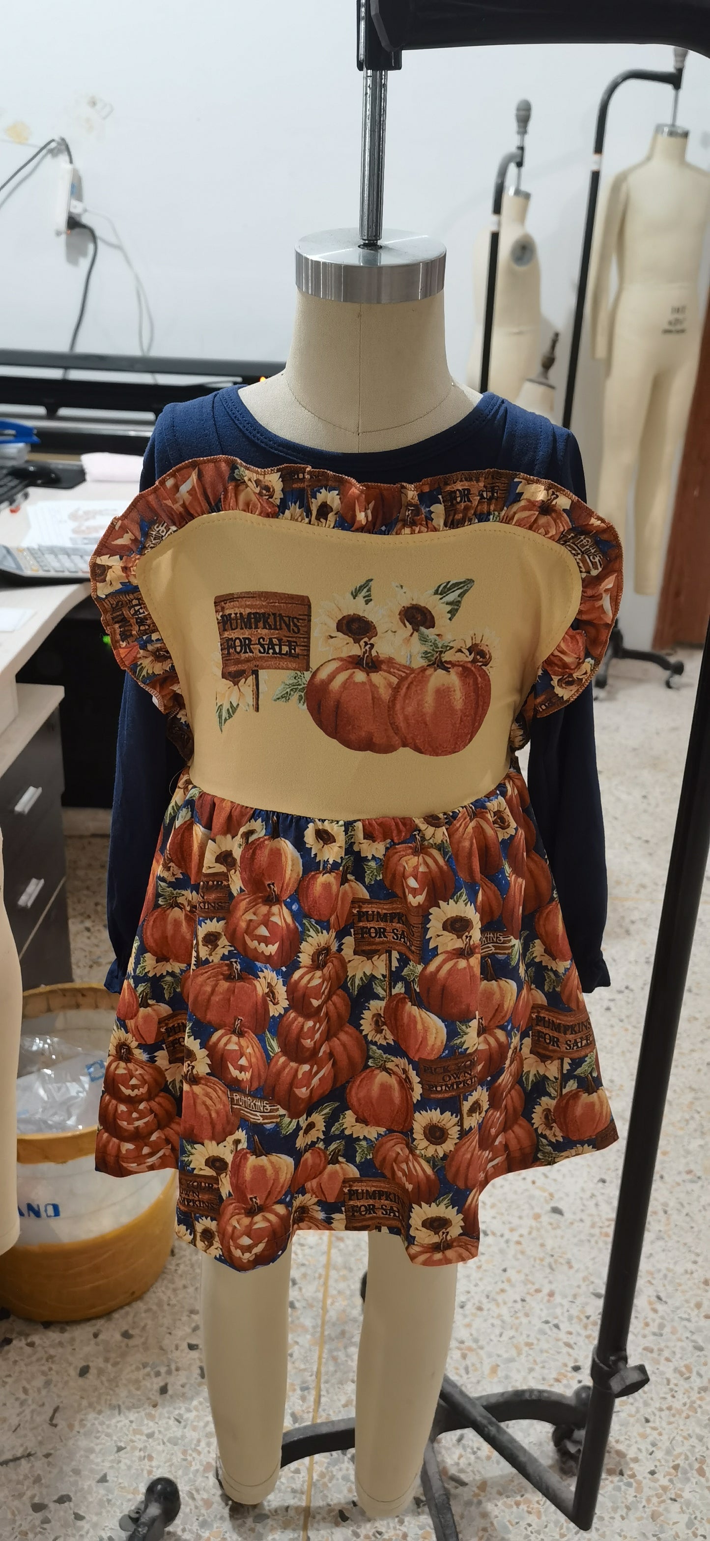 GLD0031 Halloween Pumpkin Orange Blue Girls Long Sleeve Top With Skirt Overall Dresses Outfits