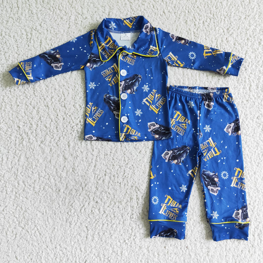 6 A11-19 Blue Cartoon Print Collar Boys Long Sleeve Pajamas