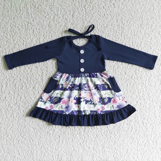 Clearance GLD0052 Blue Purple Stripes Floral Girls Long Sleeve Dresses